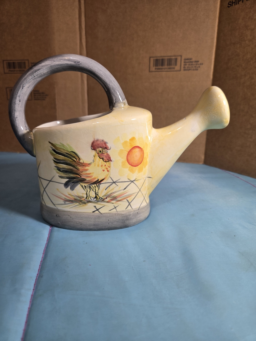 Hand-Painted Yellow Rooster Ceramic Watering Can Planter